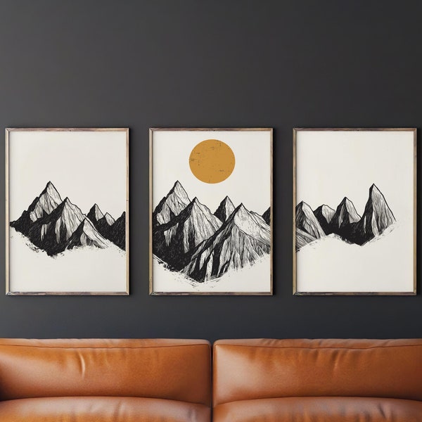 Mountain Poster Set – 3 minimalist beige landscape images | Bauhaus mountain panorama for the living room | Digital download & fine art print (A4)