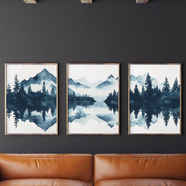 Mountain Poster Set – 3 Landscape Images in Blue | Forest Mountain Panorama | Living Room Wall Art | Digital Download & Fine Art Print (A4–A1)