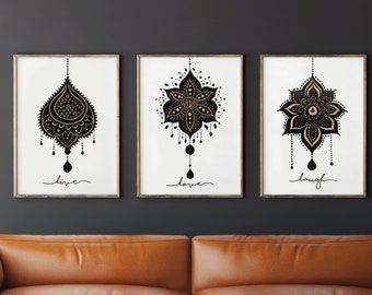 Vintage Bilder Set love live laugh Poster mit Spruch Wanddekoration Mandala Bild Yoga Geschenk Wandkunst Wohnzimmer Bild Orientalische Deko