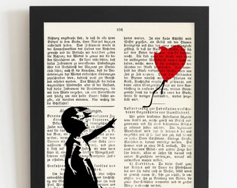 Antique book page print of a girl with a balloon, vintage decor for perfect wall decoration, picture on an old book, wall decor, Banksky poster, balloon hallway