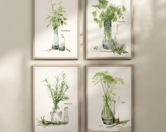 Kitchen Decoration Herbs Pictures Basil Dill Parsley Rosemary Kitchen Poster Set Digital Download Wall Decor Kitchen Minimalist Set