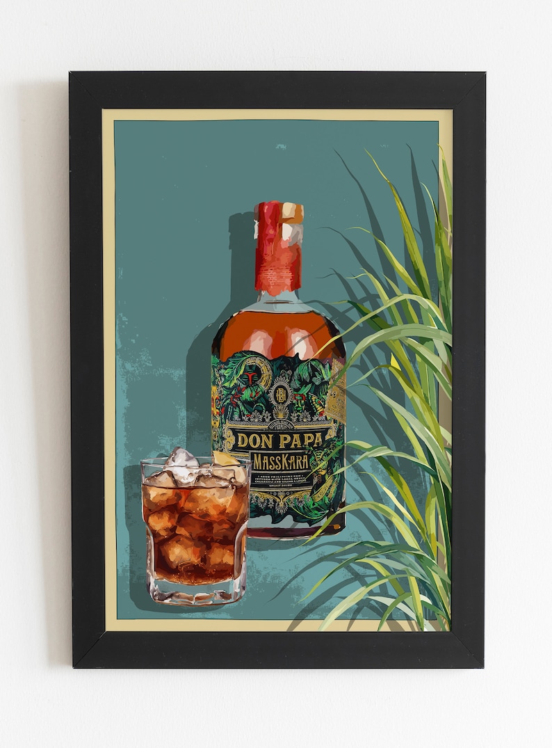 May include: A framed illustration of a bottle of Don Papa Masskara rum with a glass of rum and ice on a teal background with green palm leaves.