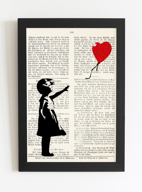 Antike Buchseite Druck Mädchen mit Ballon Vintage Deko für perfekte Wanddekoration Bild auf alten Buch Wanddekor Banksky Poster Ballon Flur
