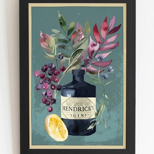 May include: A framed print of a blue bottle of Hendricks Gin with a lemon slice, berries, and floral sprigs on a teal background. The text on the bottle reads "Hendrick's Gin, distilled and bottled in Scotland, est. 1999."