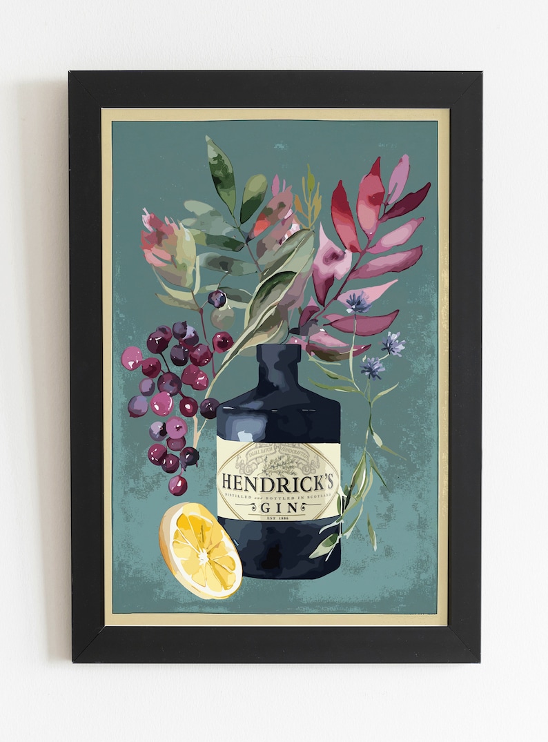 May include: A framed print of a blue bottle of Hendricks Gin with a lemon slice, berries, and floral sprigs on a teal background. The text on the bottle reads "Hendrick's Gin, distilled and bottled in Scotland, est. 1999."