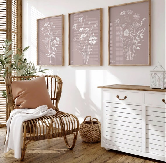 Vintage Deko Blumen Kunst Wohnzimmer dreier Set Eingang Dekoration 3er Set Bilder Wildblumen Schlafzimmer Wandbild Floral Flur Bild