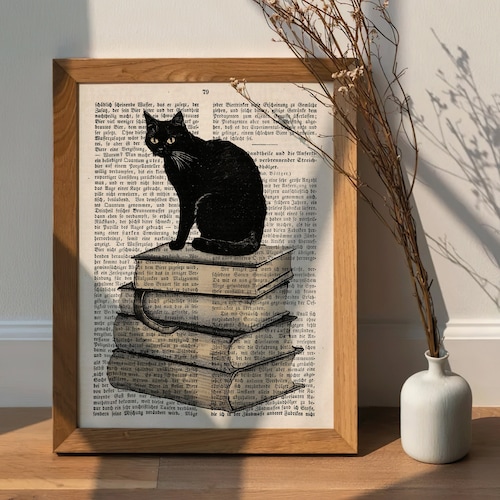Antique book page print, cat picture, vintage decor, wall decoration, books picture, old book wall decor, cat poster, hallway decor, reading room gift