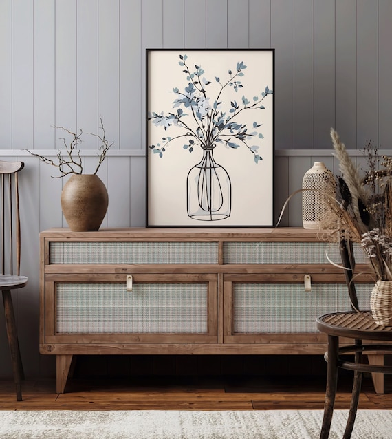 Vintage Deko Blaue Blumen Bild Boho Style beige Wanddekoration Minimalistische Kunst Wohnzimmer Deko Landhaus Vintage Blumenvase Poster Flur