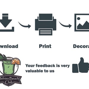 May include: A graphic showing the steps to create a custom design. Download a design, print it, and decorate it. The graphic includes a download icon, a printer icon, and a picture frame icon. The text "Your feedback is very valuable to us" is included in the graphic.
