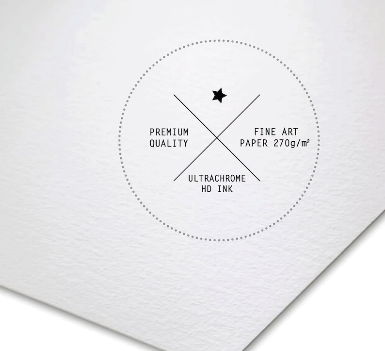 May include: A white circle with a black star in the center and a black cross with the text "Premium Quality", "Fine Art Paper 270g/m&sup2;", and "Ultrachrome HD Ink" on it.