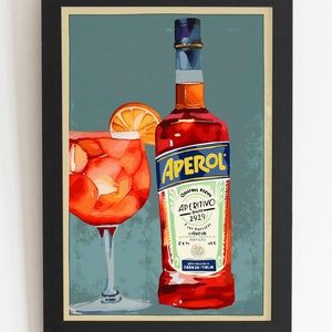 May include: A vintage-style illustration of a bottle of Aperol, an Italian liqueur, with a glass of Aperol Spritz. The bottle is red and orange with the word "Aperol" in blue letters. The glass is filled with a red and orange drink and has a slice of orange on the rim. The background is a light blue color.