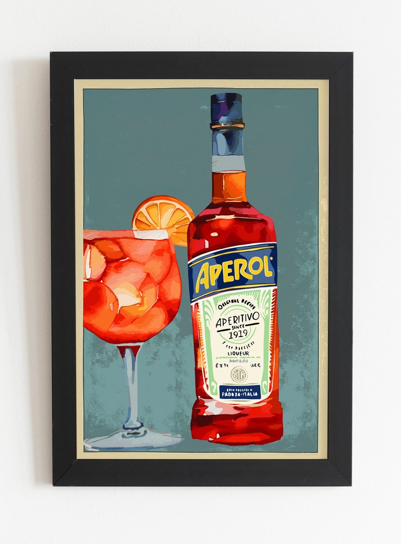 May include: A vintage-style illustration of a bottle of Aperol, an Italian liqueur, with a glass of Aperol Spritz. The bottle is red and orange with the word "Aperol" in blue letters. The glass is filled with a red and orange drink and has a slice of orange on the rim. The background is a light blue color.