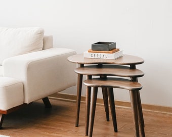 Wooden Coffee Table Set of 3, Retro Style Solid Wood Furniture, Mid-Century Modern