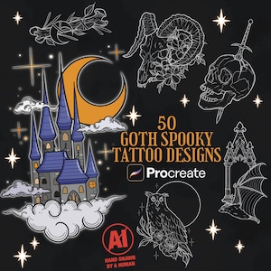 50 timbri per tatuaggi gotici per Procreate / Flash per tatuaggi di Halloween / Set di pennelli per Procreate / Flash per tatuaggi gotici / Disegni per tatuaggi horror Tatuaggi spettrali