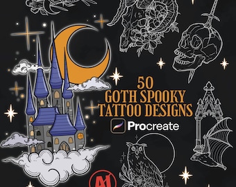 50 Goth Procreate Tattoo Stamps | Halloween Tattoo Flash | Procreate Brush Set | Gothic Tattoo Flash | Horror Tattoo Designs Spooky Tattoos