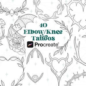 May include: A collection of 40 black and white tattoo designs for the elbow or knee. The designs include a bat, a rose, a heart, a thorned heart, antlers, a barbed wire design, a leaf design, and a gothic arch. The text "40 Elbow/Knee Tattoos Procreate" is included in the image.