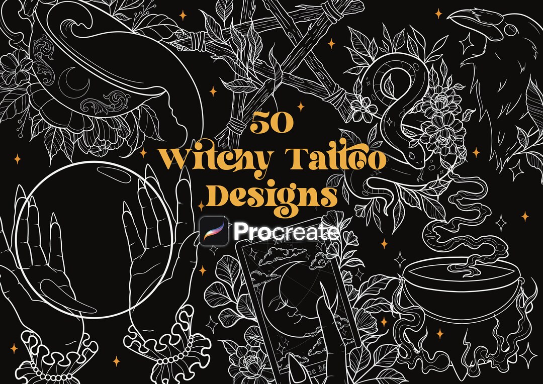 50 Witchy Tattoo Designs Procreate Brushes | Witch Designs | Procreate ...