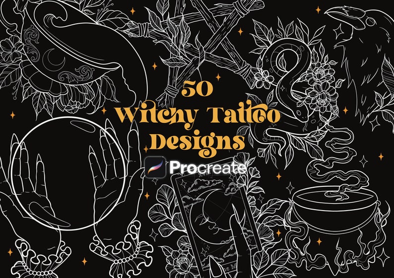 50 Witchy Tattoo Designs Procreate Brushes | Witch Designs | Procreate ...