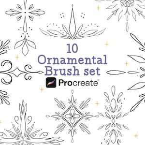 Può includere: Un set di 10 pennelli ornamentali in bianco e nero per Procreate. I pennelli presentano intricati motivi floreali e geometrici.
