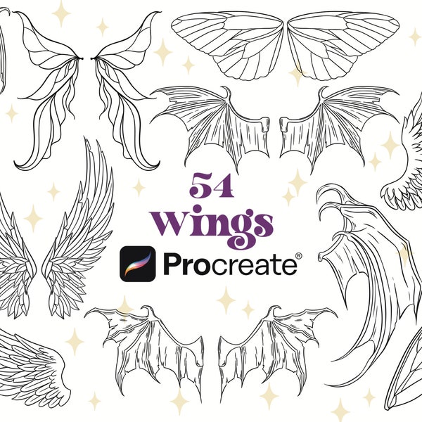 54 Wings Procreate Brushes | Angel Wings Procreate Stamps | Bat Wings Procreate Stamps | Fae Wings Procreate Stamps | Fairy Wings Procreate