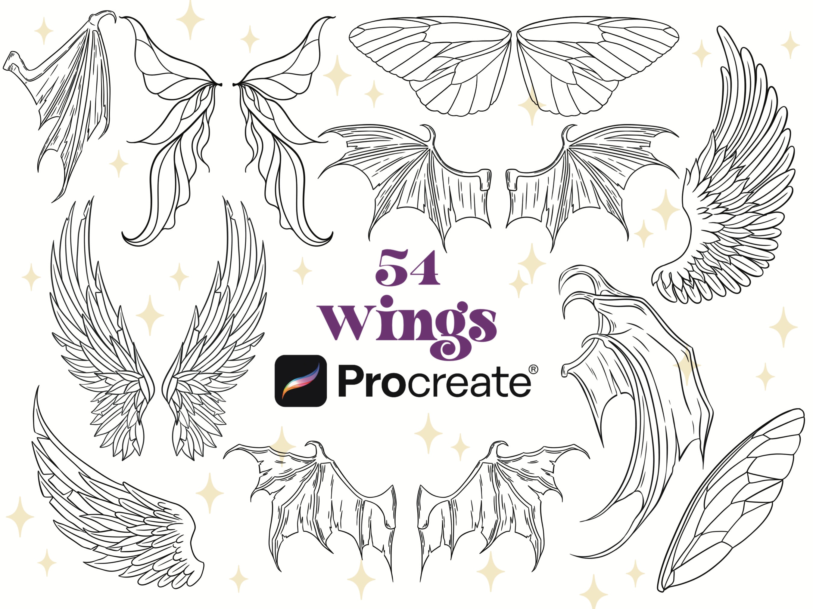 54 Wings Procreate Brushes and Stamps Set – Angel, Bat, Fairy, Fae & Dragonfly Wings