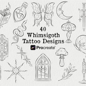 Könnte beinhalten: Eine Sammlung von 40 Whimsigoth-Tattoo-Designs in Schwarz und Weiß. Die Designs umfassen eine Schlange, Schmetterlingsflügel, einen Mond, ein Schwert, eine Hand, die eine Kristallkugel hält, einen Pilz, eine Kerze und andere mystische Elemente. Die Designs wurden in Procreate erstellt.