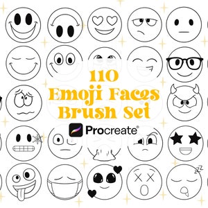 May include: A set of 110 black and white emoji face brush stamps for Procreate. The stamps feature a variety of expressions, including happy, sad, surprised, and angry.