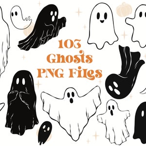 Può includere: Un set di 103 illustrazioni di fantasmi in bianco e nero. I fantasmi sono in varie pose ed espressioni. Il testo "103 Ghosts PNG Files" è al centro dell'immagine.