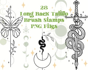 28 Long Tattoos Back Tattoos PNG| Celestial Tattoo Stamps | Snake Tattoo Procreate | Sword Tattoo Procreate | Fantasy Tattoo