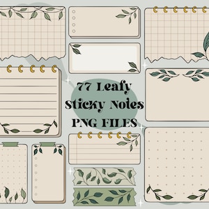 Może przedstawiać: 77 Listów Klejących z Liśćmi PNG. Zestaw cyfrowych naklejek do planera z różnymi wzorami beżowych listów klejących z zielonymi, liściastymi obramowaniami i różnymi wzorami, w tym kratką, liniami i kropkami.