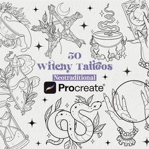 50 diseños de tatuajes de brujas Pinceles para Procreate / Diseños de brujas / Sellos para Procreate / Diseños de tatuajes góticos / Diseños de tatuajes flash