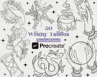 50 Witchy Tattoo Designs Procreate Brushes | Witch Designs | Procreate Stamps | Gothic Tattoo Designs | Tattoo Flash Designs