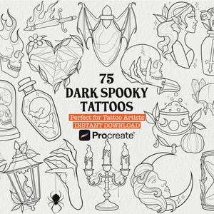 Könnte beinhalten: Schwarz-Weiß-Illustrationen von 75 dunklen und gruseligen Tattoo-Designs. Die Designs umfassen Schädel, Fledermäuse, eine Spinne, ein Herz mit Spinnennetz, eine Zaubertrankflasche, einen Kerzenleuchter und einen Mond mit Gesicht.