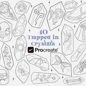 Puede incluir: Una colección de 20 ilustraciones en blanco y negro de varios objetos, incluyendo calaveras, serpientes y mariposas, cada uno encerrado en forma de cristal. El texto "40 Trapped in Crystals" y el logo de Procreate están presentes.