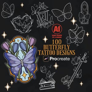 100 Butterfly Tattoos Procreate Brush Stamps | Butterfly Procreate Stamps | Butterfly Patchwork Tattoo Designs | Ornamental Tattoo