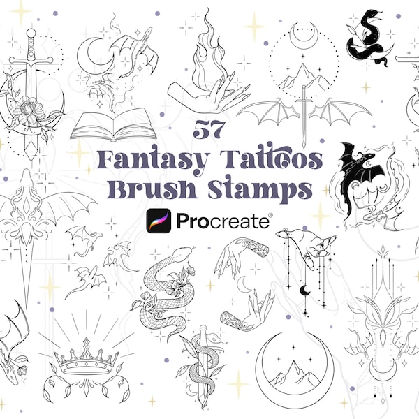 57 tampons Fineline Fantasy Book Tattoo Procreate | Tatouages BookTok | Tatouage ACOTAR | Tatouages TOG Procreate Brush Designs de tatouage Procreate