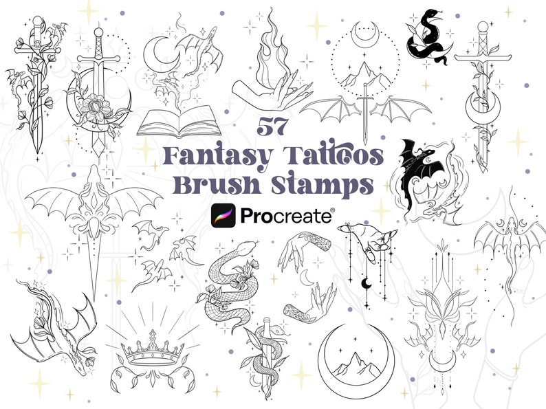 May include: A set of 57 black and white fantasy tattoo brush stamps for Procreate. The stamps feature various designs including dragons, snakes, swords, hands, moons, and crowns.