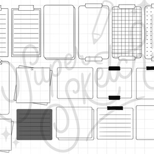 May include: A set of 14 printable digital planner stickers featuring various styles of blank notepads, including lined, grid, and dotted paper. The stickers are designed to be used in digital planners and journals.