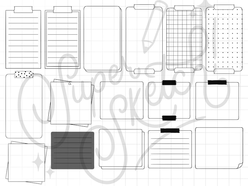 May include: A set of 14 printable digital planner stickers featuring various styles of blank notepads, including lined, grid, and dotted paper. The stickers are designed to be used in digital planners and journals.