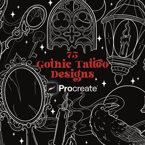 Puede incluir: 75 diseños de tatuajes góticos para Procreate, una aplicación de ilustración digital. Los diseños incluyen un cuervo, una vela, un espejo, una llave, una linterna, una calavera, unas tijeras y un arco gótico.