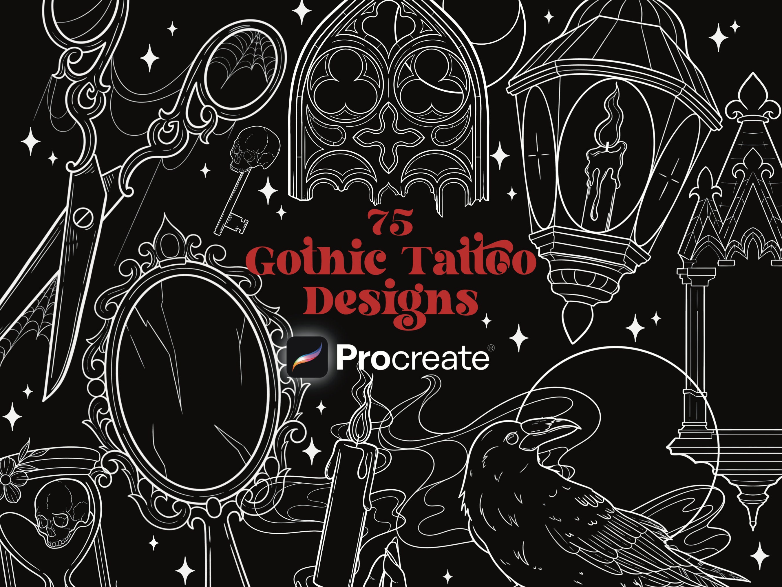 75 Gothic Tattoo Designs Procreate Stamps | Witchy Tattoo Designs ...