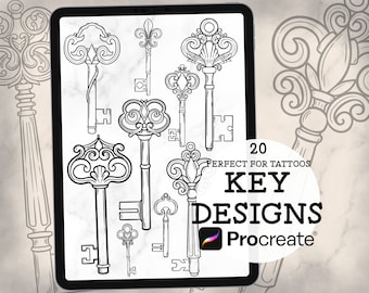 May include: A digital illustration of 20 intricate key designs, perfect for tattoos. The keys are drawn in black ink on a white background. The text "20 PERFECT FOR TATTOOS KEY DESIGNS Procreate" is visible in the lower right corner of the image.