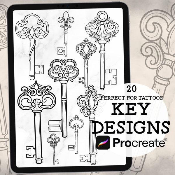 20 Antique Keys Tattoo Procreate Stamps | Antique Keys Procreate | Key Doodles | Tattoo Procreate | Procreate Brushes | Key Illustrations