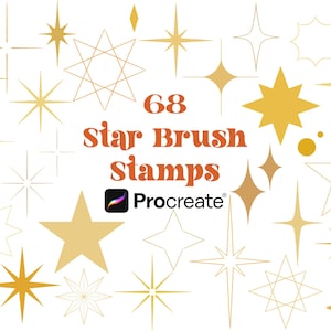 Puede incluir: 68 sellos de pincel de estrellas para Procreate. La imagen muestra una variedad de formas de estrellas en oro y blanco, incluyendo estrellas simples, estrellas fugaces y estrellas geométricas.