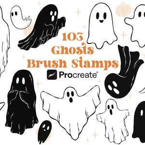 May include: 103 black and white ghost brush stamps for Procreate. The ghosts are in various poses and sizes.