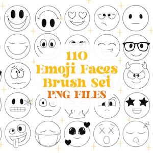 Peut inclure: Une collection de 30 visages emoji noirs et blancs exprimant diverses émotions, comme la joie, la tristesse et la colère. Le texte "110 Emoji Faces Brush Set PNG FILES" est également présent.