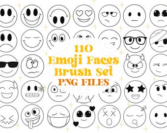 May include: A collection of 30 black and white emoji faces with various expressions, including smiling, sad, and angry. The image also includes the text "110 Emoji Faces Brush Set PNG FILES".