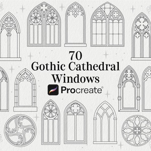 Peut inclure: Ensemble de 70 dessins de fenêtres gothiques de cathédrale en noir et blanc. Les fenêtres présentent diverses formes et détails, notamment des formes arquées, circulaires et rectangulaires. Le texte "70 Gothic Cathedral Windows Procreate" est affiché.