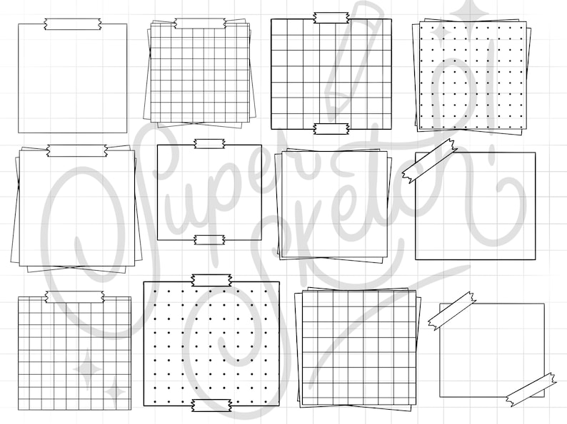 May include: A set of 10 printable digital planner stickers featuring various grid and dot patterns. The stickers are designed to be used in digital planners and journals.