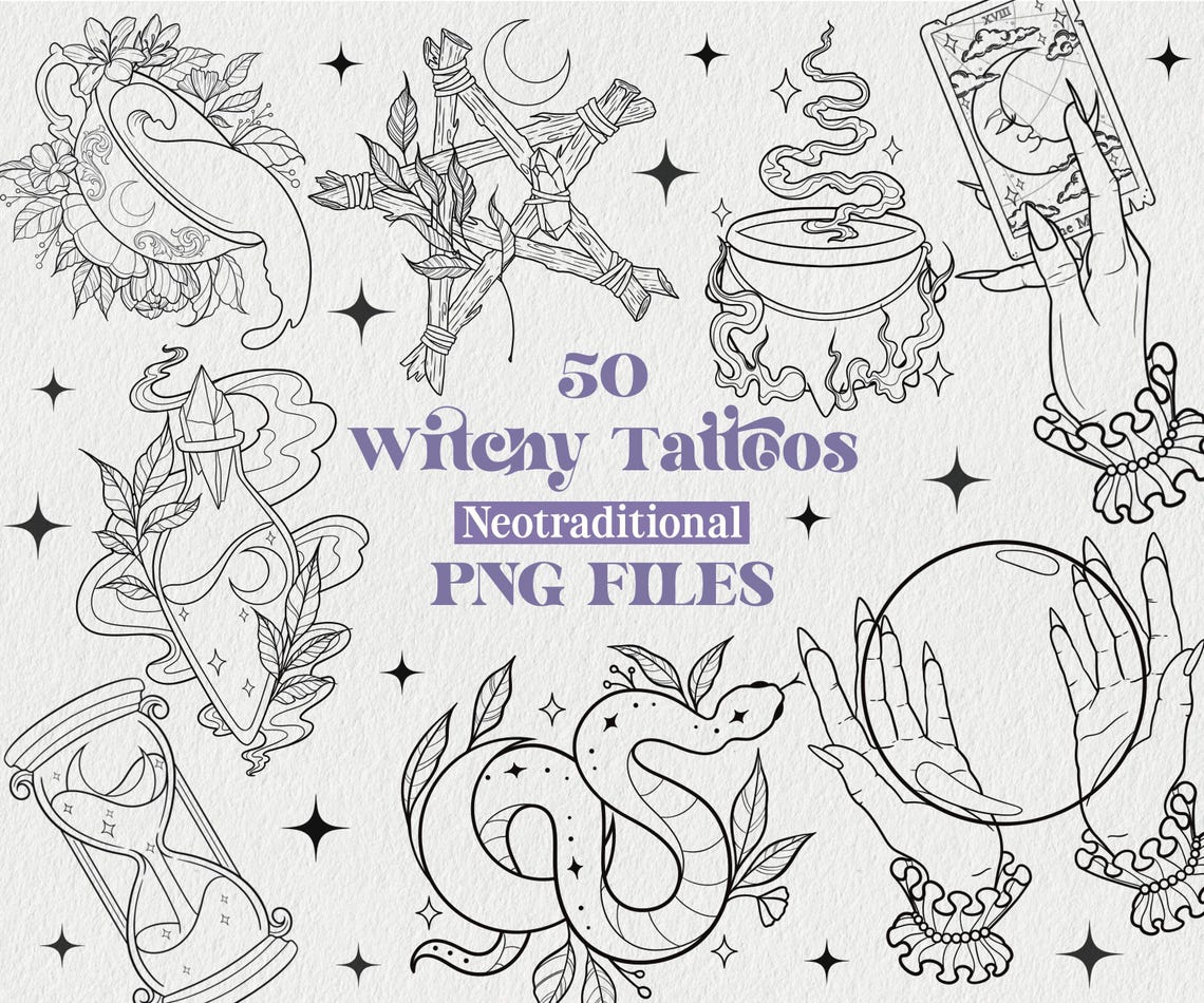 50 Witchy Tattoo Designs PNG Files | Witch Designs | Gothic Tattoo ...